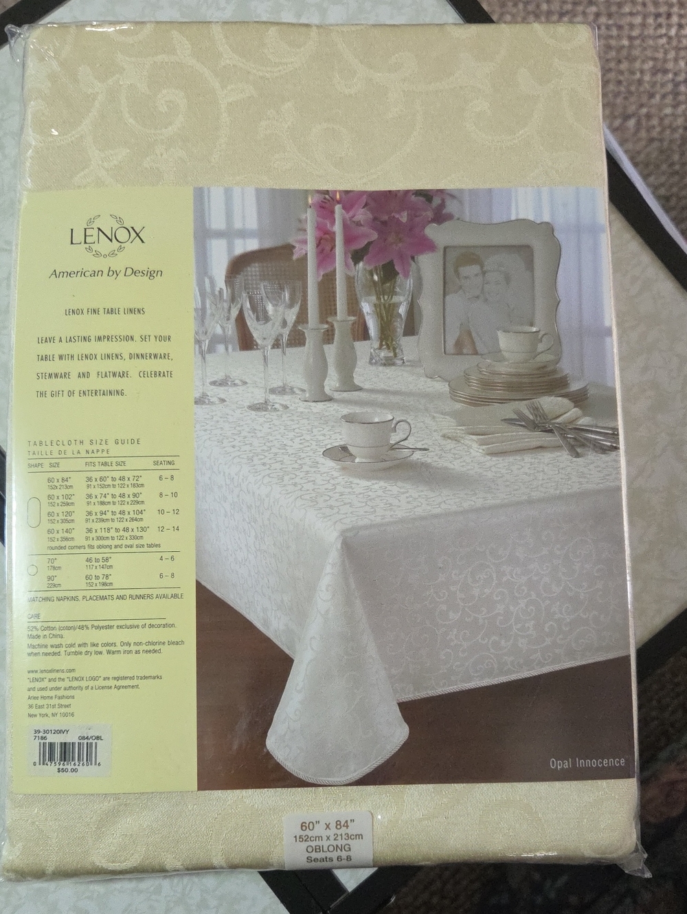 Lenox Opal Innocence Cream Damask Tablecloth